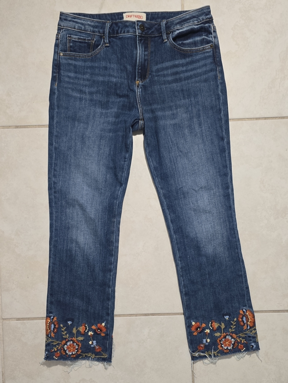 DRIFTWOOD Dark Blue Cropped Jeans with Embroidered Hem